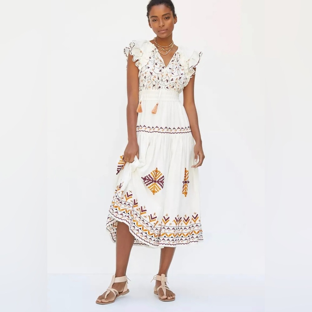 Anthropologie Embroidered Linen Midi Dress